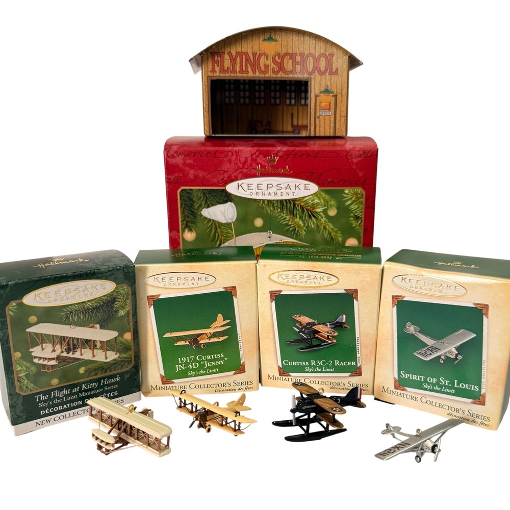 Hallmark Keepsake Skys the Limit Miniature Airplane Ornament Set Hangar 1-4